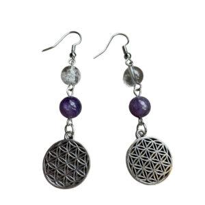 Amethist & Bergkristal Oorbellen met Levensbloem – Spirituele Bescherming & Harmonie