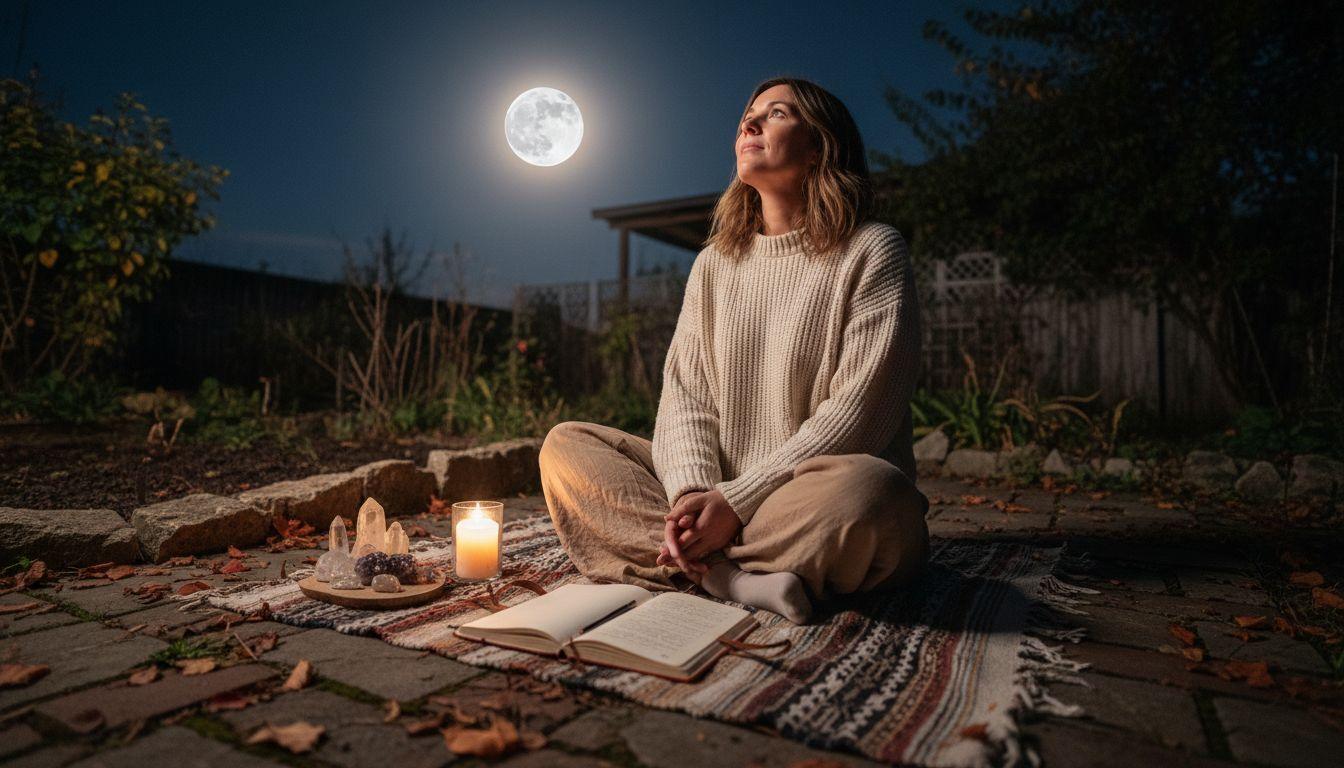 Vrouw doet ritueel onder supermaan in tuin
