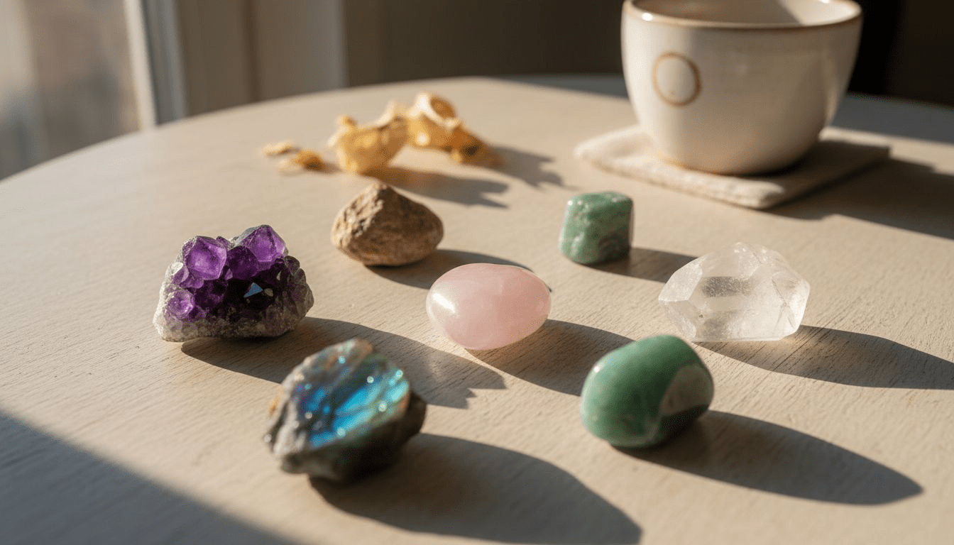 Zeven glinsterende edelstenen liggen op een houten tafel, badend in het zachte ochtendlicht.