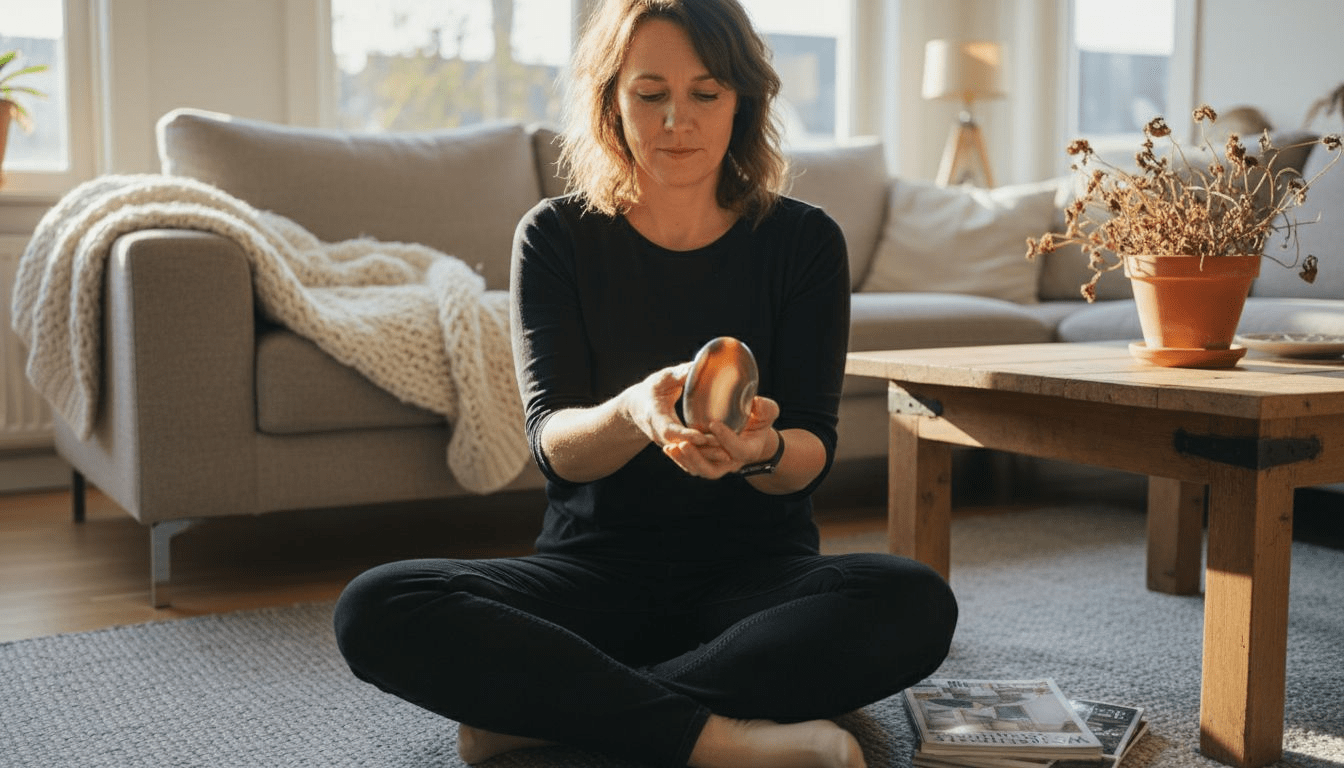 Een vrouw zit rustig bij het raam en mediteert met een agaatsteen in haar hand.