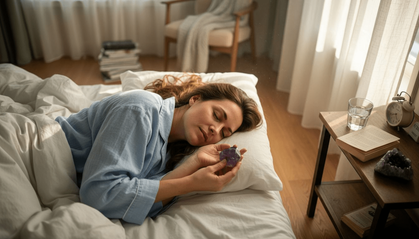 Vrouw die met een amethistkristal in bed ligt om beter te slapen