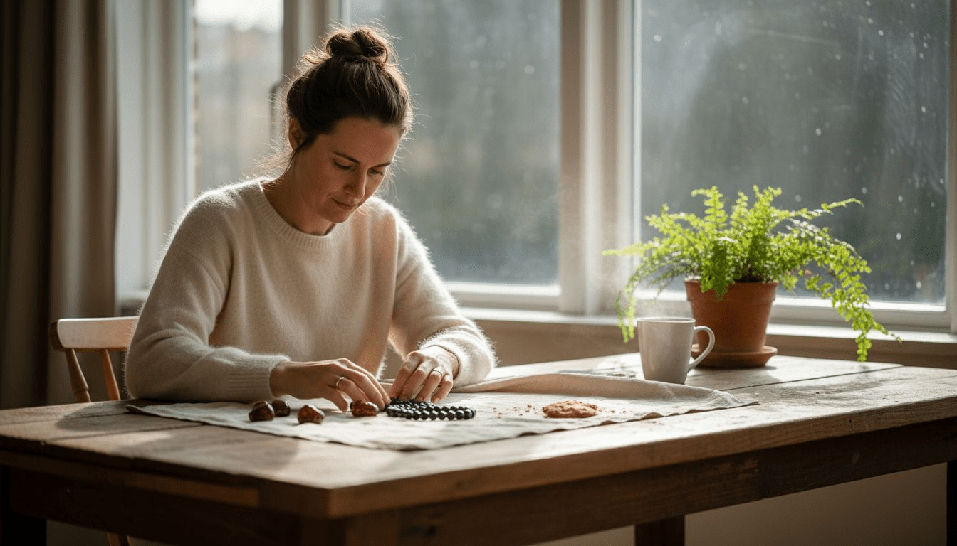 Een vrouw legt geboortestenen netjes uit op een houten tafel.
