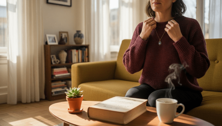 Vrouw met een ketting met topaas, haar geboortesteen, om haar hals