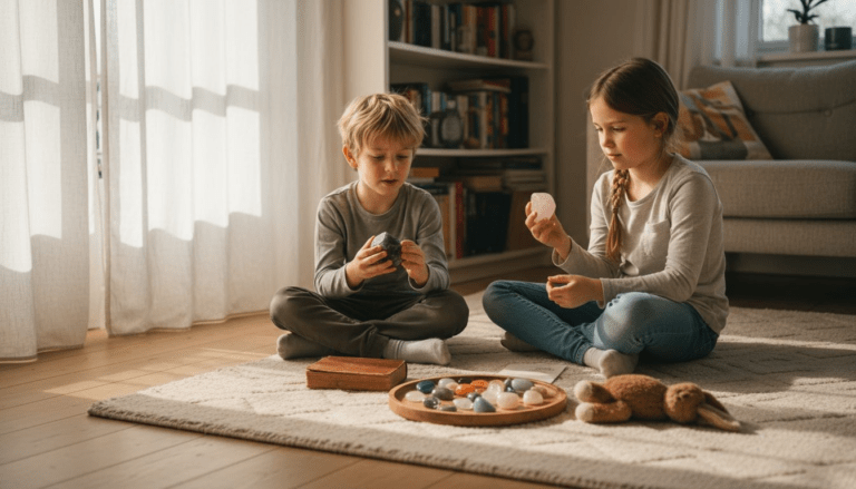 In de zonnige woonkamer zitten kinderen nieuwsgierig te kijken naar glinsterende kristallen die ze net hebben ontdekt.